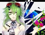  facial_mark flower goggles goggles_on_head green_eyes green_hair gumi kyou_zip nail_polish open_mouth red_rose rose short_hair solo vocaloid 