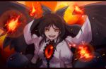  anime_coloring bow brown_hair bust cape dress_shirt eyes fire hair_bow kamabo_ko laughing letterboxed looking_at_viewer open_mouth orange_eyes reiuji_utsuho shirt short_sleeves solo touhou wings 