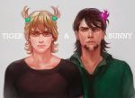  alternate_hairstyle barnaby_brooks_jr blonde_hair brown_eyes brown_hair face facial_hair glasses goatee green_eyes hair_ornament hairclip kaburagi_t_kotetsu lips male multiple_boys necktie realistic reammara short_hair short_twintails stubble tiger_&amp;_bunny twintails 