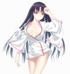  black_hair breasts brown_eyes cleavage highres japanese_clothes joeian long_hair miko original simple_background solo thighs 