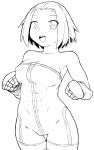  1girl abs bare_shoulders breasts cleavage final_fantasy final_fantasy_tactics gauntlets large_breasts monk monk_(fft) monochrome open_mouth short_hair simple_background smile solo tsukudani_(coke-buta) unitard white_background 