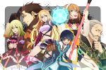  3girls alvin_(tales_of_xillia) beard black_hair blonde_hair boots brown_eyes brown_hair elise_lutas elise_lutus facial_hair gauntlets gloves green_eyes grey_hair highres jude_mathis kazu_sanbon leia_roland long_hair milla_maxwell multiple_boys multiple_girls red_eyes rowen_j._ilbert smile staff tales_of_(series) tales_of_xillia tipo_(xillia) tippo yellow_eyes 