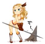  amazon_(dragon&#039;s_crown) amazon_(dragon's_crown) armor axe bikini bikini_armor blonde_hair blue_eyes blush boots chibi circlet dragon&#039;s_crown dragon's_crown feathers frown gloves headband long_hair nagian navel panties simple_background solo sweatdrop swimsuit tattoo thong thong_bikini underwear vanillaware weapon young 