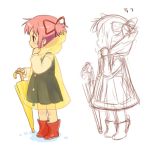  galoshes machico mahou_shoujo_madoka_magica pink_hair raincoat red_eyes rubber_boots short_hair sketch twintails umbrella young 