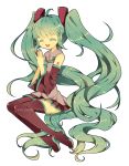  boots closed_eyes detached_sleeves eyes_closed green_hair hatsune_miku highres long_hair necktie open_mouth pikiru skirt solo thigh-highs thigh_boots thighhighs twintails very_long_hair vocaloid 