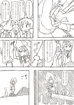  comic fang flat_chest hairband highres kyubey magical_girl mahou_shoujo_madoka_magica monochrome object_on_head ribbon sakura_kyouko sweat tomoe_mami translation_request tugeneko 