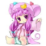  animal_ears baby barefoot bloomers blush bow capelet cat_ears cat_tail chibi crescent dress feet hair_bow hat kemonomimi_mode monkey_ears monkey_tail outstretched_arms patchouli_knowledge purple_dress purple_eyes purple_hair sitting solo tail takara_akihito touhou violet_eyes 