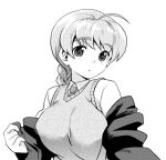  blush breasts jacket large_breasts long_hair lynette_bishop monochrome necktie open_mouth solo strike_witches sweater_vest undressing 