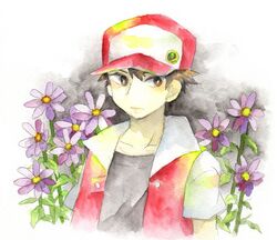  baseball_cap boy brown_eyes brown_hair flower hat highres male pokemon pokemon_(game) pokemon_rgby pumpkinpan red_(pokemon) red_(pokemon)_(classic) simple_background solo traditional_media vest watercolor_(medium) white_background 