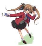  blazer brown_hair cellphone dog_days green_eyes hair_ribbon long_hair open_mouth phone pleated_skirt rebecca_anderson ribbon school_uniform skirt solo tail twintails vfenster 