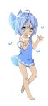  ahoge arms_up bare_legs barefoot blue_dress blue_eyes blue_hair blush butterfly child cirno dark_skin dress fang flat_chest open_mouth sketch smile solo spawnfoxy strap_slip tan tanline touhou 