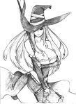  breasts cleavage detached_sleeves dragon&#039;s_crown dragon's_crown dress hat hat_over_one_eye large_breasts long_hair masato_(pixiv) monochrome side_slit solo sorceress_(dragon&#039;s_crown) sorceress_(dragon's_crown) staff strapless_dress traditional_media witch_hat 