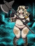  amazon_(dragon&#039;s_crown) amazon_(dragon's_crown) armor axe bikini_armor blonde_hair boots circlet dragon&#039;s_crown dragon's_crown fang fat feathers gloves green_eyes long_hair solo tattoo tonda vanillaware weapon 