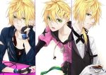  :t casual cup fingerless_gloves formal gloves green_eyes hair_ornament hairclip headphones headphones_around_neck hooded_jacket kagamine_len kyou_zip male smile suit vocaloid 