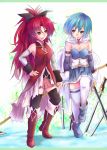  2girls black_legwear blue_hair boots cape detached_sleeves dress gloves hair_ornament hair_ribbon long_hair mahou_shoujo_madoka_magica miki_sayaka multiple_girls polearm ponytail red_hair sakura_kyouko short_hair sword thighhighs weapon white_legwear yude zettai_ryouiki 