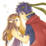  blue_hair blush brown_hair cape couple earrings eye_contact fire_emblem fire_emblem:_souen_no_kiseki gloves hand_holding headband highres ike jewelry long_hair looking_at_another nintendo pointy_ears princess_zelda super_smash_bros. the_legend_of_zelda torn_clothes twilight_princess 