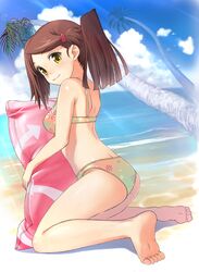  ass beach bikini blush brown_hair cloud clouds feet from_behind hair_ornament hairclip hirokiku kiss_x_sis kissxsis kneeling looking_back ponytail sitting sky smile solo suminoe_ako swimsuit tree yellow_eyes 