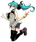  1girl aqua_hair bespectacled boots bracelet breasts garter_straps glasses hair_ribbon hatsune_miku inayama jewelry large_breasts nail_polish necktie red_eyes ribbon shorts simple_background solo thighhighs thomas_(iron_tom) twintails vocaloid 
