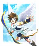  angel_wings arm_band arm_guard arm_guards armband belt bike_shorts blade blue_eyes boots bow_(weapon) boy bracelet brown_hair cloud clouds flying gloves happy high_boots hikari_shinwa:_parutena_no_kagami jewelry kid_icarus knee_boots male nintendo open_mouth outstretched_hand pit pit_(kid_icarus) shoulder_guard sky solo tepra thigh_strap tunic weapon wings wreath 