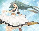  bracelet cloud clouds dress hatsune_miku highres jewelry kneehighs long_hair looking_back nail_polish open_mouth satomo skirt skirt_lift sky slip_skirt solo twintails very_long_hair vocaloid 