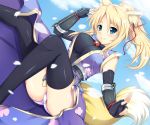  black_gloves black_legwear blonde_hair breasts cloud clouds dog_days dog_ears dog_tail fingerless_gloves fox_ears fox_tail gloves green_eyes hinata_sora japanese_clothes panties petals sky smile solo tail thigh-highs thighhighs underwear white_panties yukikaze_panettone 