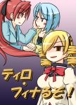  aotori blonde_hair blue_hair blush blush_stickers cover cover_page doujin_cover drill_hair mahou_shoujo_madoka_magica miki_sayaka multiple_girls ponytail red_eyes red_hair redhead sakura_kyouko short_hair tomoe_mami translated translation_request yuri 