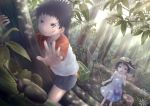  bandage bandages beetle black_hair cage child clenched_teeth dress flower grey_eyes hat highres leaf net open_mouth original outstretched_arm outstretched_hand scenery short_hair shorts strap stump taka_(tsmix) tears tree tree_stump 