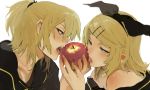  blonde_hair food fruit hair_ornament hair_ribbon hairclip holding holding_apple holding_fruit kagamine_len kagamine_rin nail_polish ribbon short_hair siblings simple_background supopon supopon_(sppn) twins vocaloid 