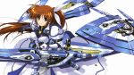  1girl brown_hair fingerless_gloves gloves mahou_senki_lyrical_nanoha_force mahou_shoujo_lyrical_nanoha ribbon solo strike_cannon tagme takamachi_nanoha weapon white_background 