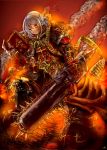  bolter chain chains highres koyamanatsu pauldron power_armor red_eyes skull smoke sword warhammer_40k weapon white_hair 