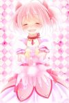  argyle_background bad_id blush bow choker closed_eyes diamond_background eyes_closed gloves hair_bow kaname_madoka kuara magical_girl mahou_shoujo_madoka_magica pink_eyes pink_hair short_twintails twintails white_gloves 