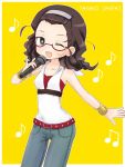  1girl blue_eyes brown_hair forehead glasses hairband jeans kannagi kimura_takako long_hair musical_note open_mouth sleeveless smile solo symbol-shaped_pupils tona_(nekotte) wink 