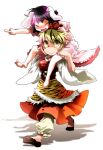  barefoot black_hair blonde_hair carrying closed_eyes eyes_closed inaba_tewi multicolored_hair multiple_girls nervous outstretched_arm pointing running tiger_print toramaru_shou touhou two-tone_hair yzy 