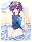  ball beach beachball blush hair_ornament heart highres komeiji_satori koshitan purple_eyes purple_hair school_swimsuit shiny shiny_clothes short_hair solo swimsuit touhou violet_eyes water 