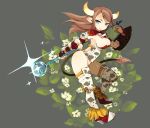  boots breasts brown_hair cow_girl cow_print cow_tail erect_nipples hair_ornament hairclip highres horns large_breasts mota original pointy_ears solo staff tail thigh-highs thighhighs weapon 