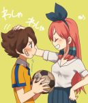  bandaid blue_eyes blush brown_hair closed_eyes dirty eyes_closed grin hair_ribbon inazuma_eleven inazuma_eleven_(series) inazuma_eleven_go long_hair matsukaze_tenma mkrnsrd petting red_hair redhead ribbon seto_midori sleeves_rolled_up smile soccer_ball 