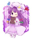  book chibi crescent hat highres long_hair open_mouth patchouli_knowledge purple_eyes purple_hair solo touhou violet_eyes wink yamabuki_(yusuraume) 