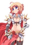  armor black_legwear blonde_hair blue_eyes breasts cape chibi_(nekomimimi) cleavage elbow_gloves front-tie_top garter_straps gauntlets gloves hand_on_hip hips midriff navel ragnarok_online rune_knight short_hair simple_background solo spaulders thigh-highs thighhighs 