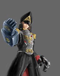  aquila blue_eyes breastplate brown_hair commissar dx8493489 gun hat highres imperial_guard peaked_cap power_fist purity_seal scar simple_background skull warhammer_40k weapon 