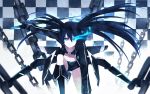  bikini_top black_hair black_rock_shooter black_rock_shooter_(character) black_rock_shooter_(game) blue_eyes boots chain chains checkered coat glowing glowing_eyes hao_(patinnko) highres long_hair midriff navel shorts solo sword twintails very_long_hair weapon 
