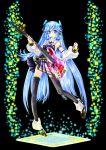  bass_guitar blue_eyes blue_hair detached_sleeves headphones headset highres instrument long_hair mouth_hold r0g0b0 ring_suzune skirt solo suzune_ring thigh-highs thighhighs transparent very_long_hair vocaloid vocaloid3 zettai_ryouiki 