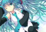  aqua_eyes aqua_hair detached_sleeves from_above hatsune_miku long_hair lying necktie november-eri on_back solo twintails very_long_hair vocaloid wince 