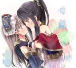  atelier_(series) atelier_meruru atelier_totori black_hair blue_eyes blush eye_contact face-to-face face_to_face female gloves grey_hair hands_on_shoulders hat incipient_kiss leaning_forward long_hair looking_at_another maromi_(am97) mimi_houllier_von_schwarzlang multiple_girls purple_eyes totooria_helmold violet_eyes yuri 