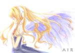  asame blonde_hair closed_eyes eyes_closed feathers hair_ribbon kamio_misuzu kawakami_tomoko long_hair ponytail ribbon school_uniform solo wings 