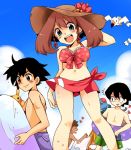  2boys 3girls alternate_costume alternate_headwear bikini bird black_hair blue_eyes breasts brown_hair child cleavage hagino_aki haruka_(pokemon) hat masato_(pokemon) multiple_boys multiple_girls no_hat no_headwear pikachu pokemon pokemon_(anime) pokemon_(creature) sarong satoshi_(pokemon) smile surfboard swimsuit takeshi_(pokemon) tentacool tentacruel wingull 