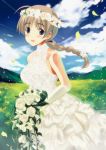  bare_shoulders blue_eyes blush bouquet braid breasts brown_hair cloud clouds dress elbow_gloves flower gloves hair_flower hair_ornament kyogoku_shin kyougoku_shin large_breasts long_hair lynette_bishop mountain open_mouth rose single_braid sky sleeveless sleeveless_dress smile solo strike_witches wedding_dress white_rose wreath wreathe 