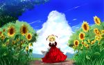  1girl arms_behind_back blonde_hair blue_sky closed_eyes clouds field flower flower_field grass hair_ribbon happy highres medicine_melancholy nekominase open_mouth ribbon sash shirt skirt sky smile solo sunlight touhou tree 