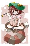  1girl animal_ears bell brown_eyes brown_hair clog_sandals futatsuiwa_mamizou glasses gourd hat indian_style jingle_bell kiseru kugelschreiber leaf leaf_on_head notepad open_mouth pipe raccoon_tail sandals semi-rimless_glasses short_hair sitting smile tail touhou under-rim_glasses 