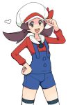  1girl bow brown_eyes brown_hair hat hat_bow hat_ribbon heart kotone_(pokemon) open_mouth overalls pokemon pokemon_(game) pokemon_gsc pokemon_hgss red_ribbon ribbon shorts simple_background solo tamagoro thighhighs twintails white_background 