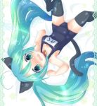  cat_ears cat_pose green_eyes green_hair hatsune_miku long_hair paw_pose school_swimsuit swimsuit tail tears thigh-highs thighhighs twintails upside-down vocaloid y_ojisan 